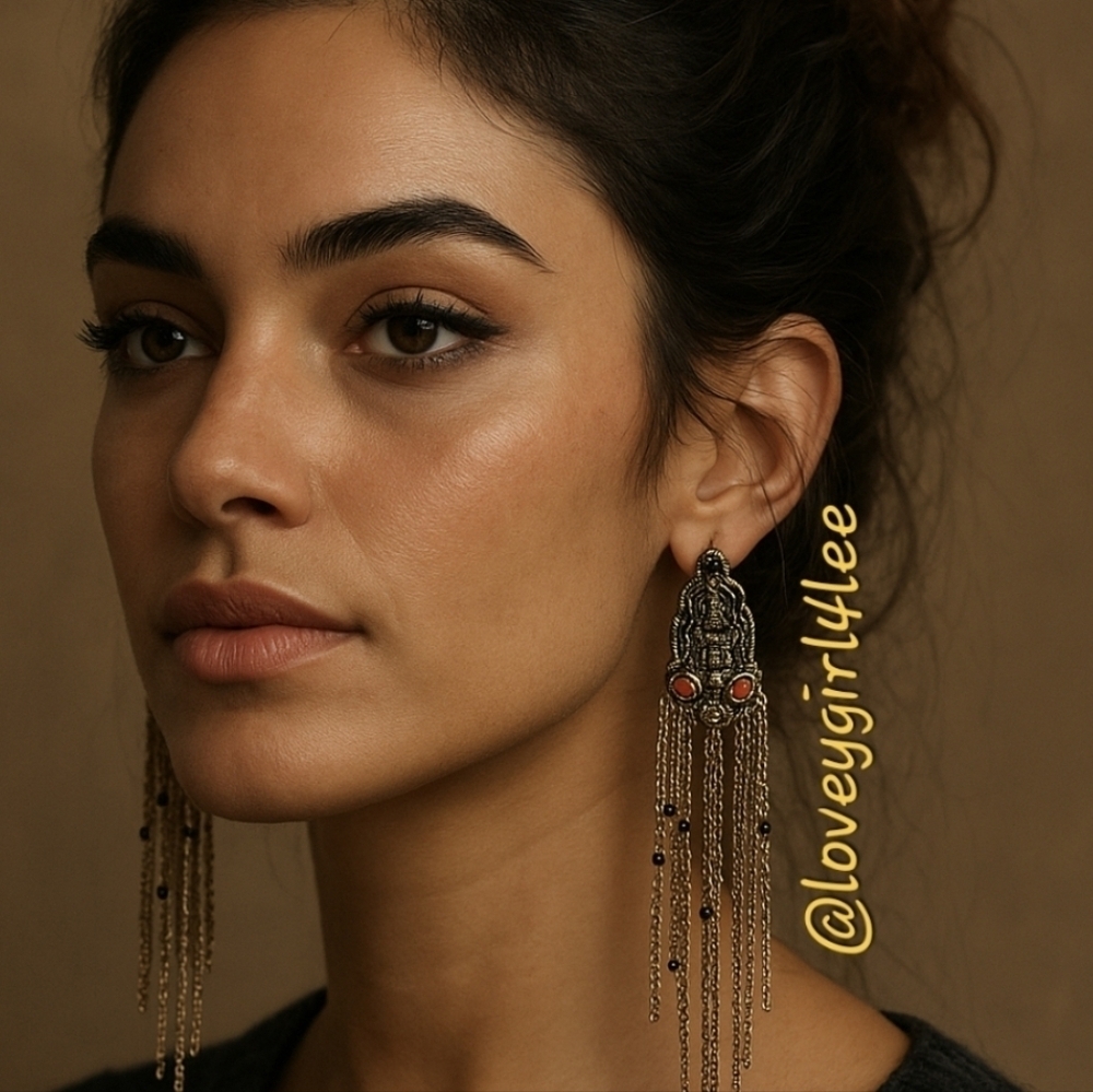 New! FP Boho Fringe Gold Goddess Red Stone Fringe Chain Earrings
